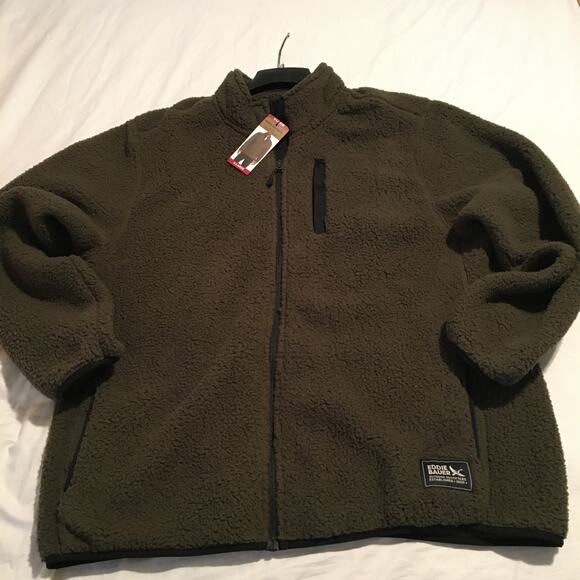 Eddie Bauer NWT men's Chilali faux shearling olive green fleece zip jacket XL - Picture 1 of 14
